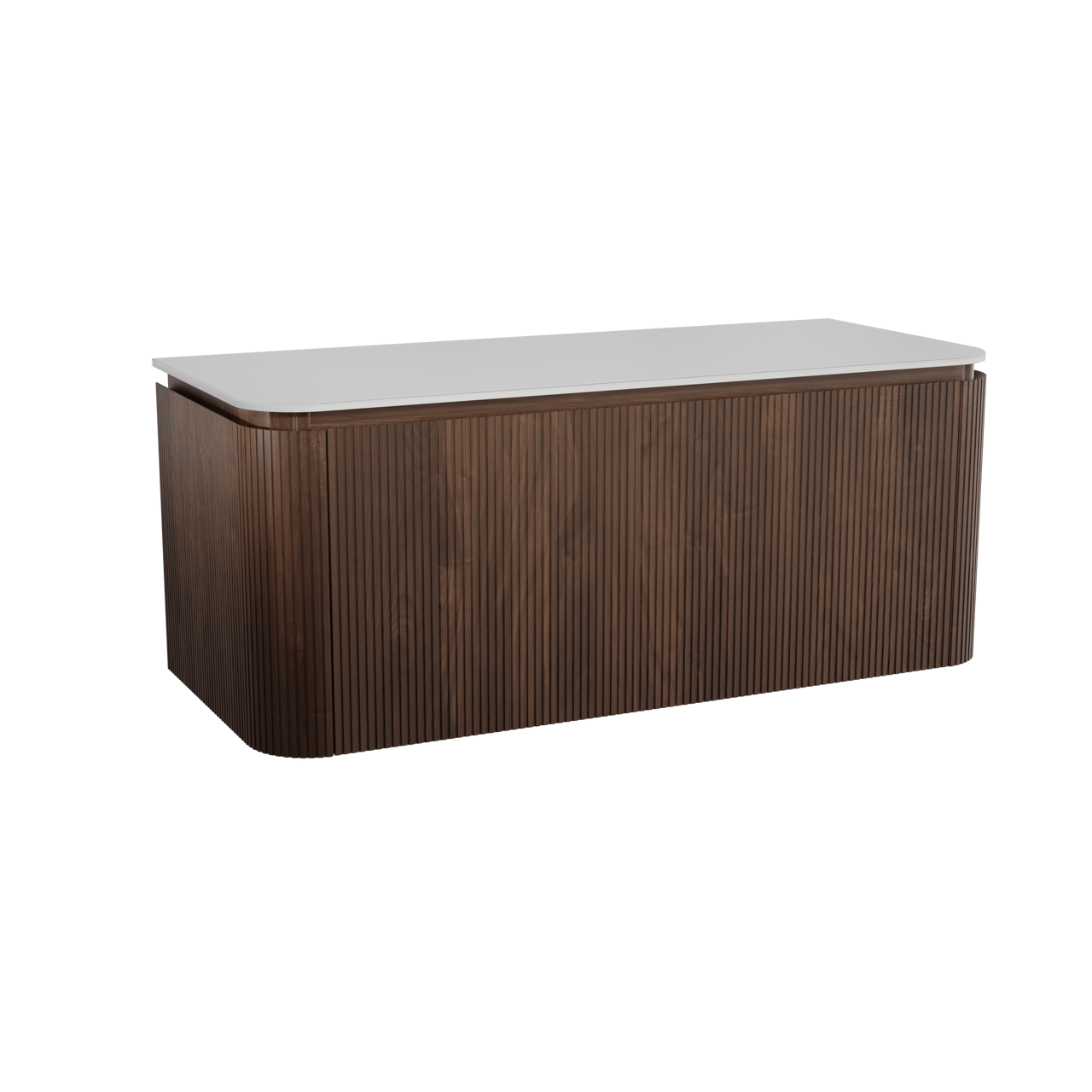 Balmani Moon zwevend badkamermeubel 130 x 55 cm amerikaanse notelaar met Moon enkel of dubbel tablet in solid surface mat wit, Verticale symmetrische rechte ribbel