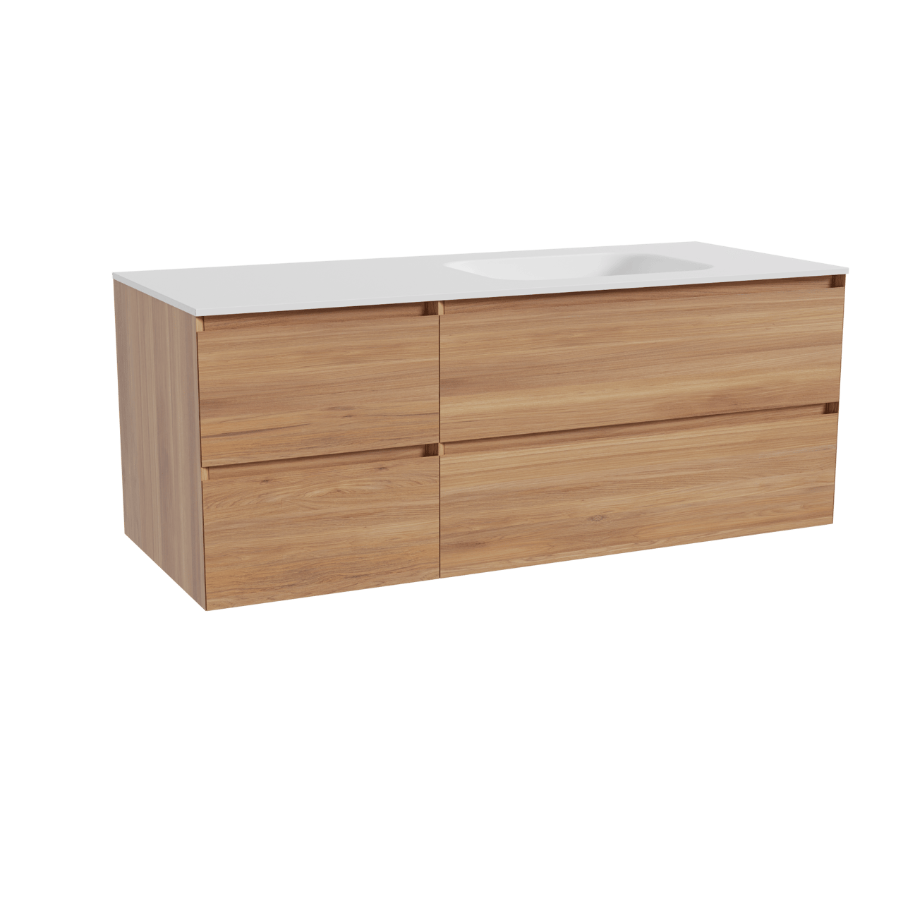 Balmani Mitra hängendes Möbelstück Set: 135 x 55 cm, Teak, mit Tablo Arcato Waschtisch rechts, Solid Surface Weiß matt