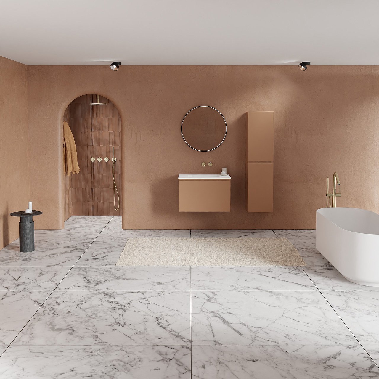 Balmani Sfera meuble salle de bains suspendu 75 x 55 cm cotto avec Tablo Arcato plan simple en solid surface blanc mat