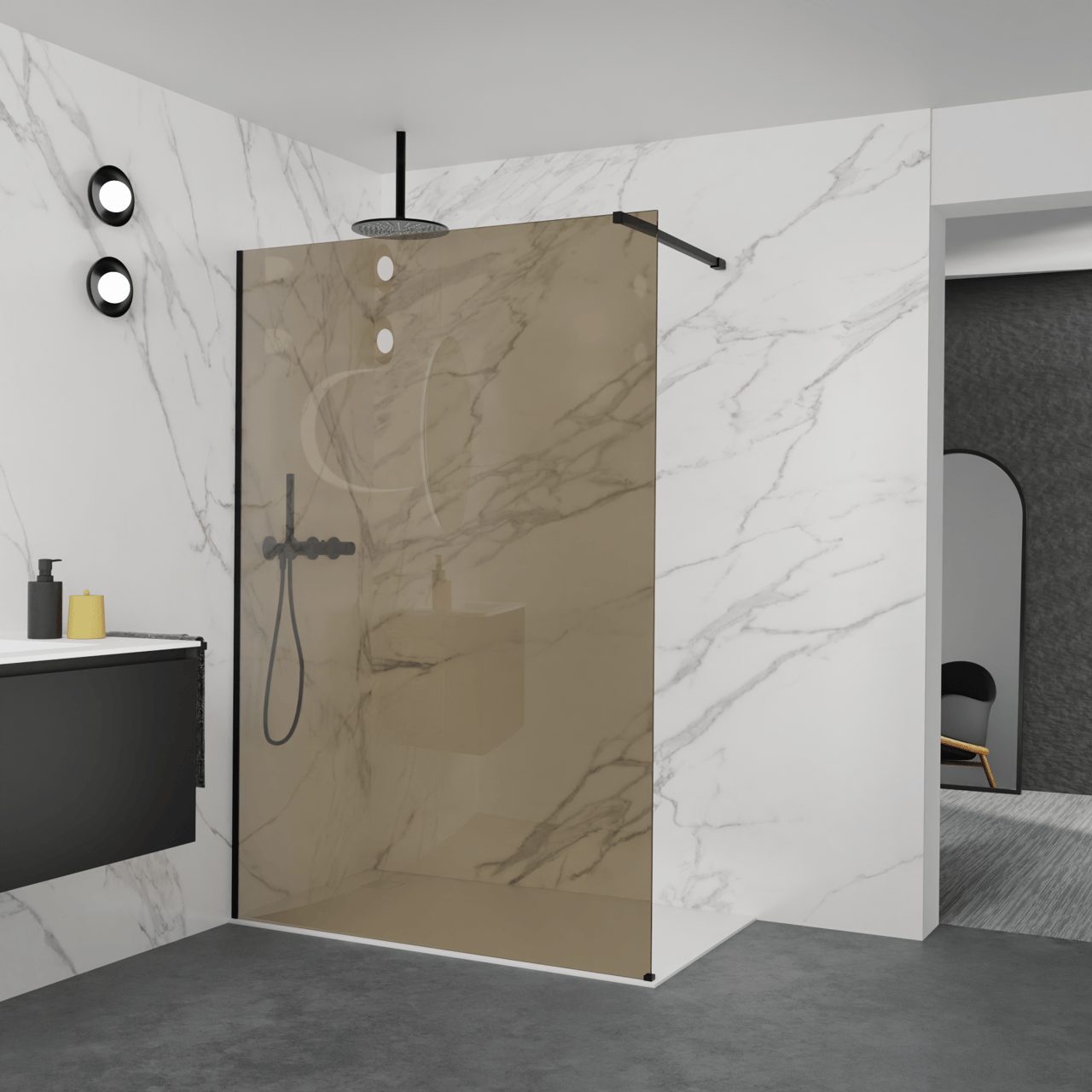Balmani Modular Walk-In Dusche: 140 x 200 cm, Bronze Glas, Profil Schwarz matt