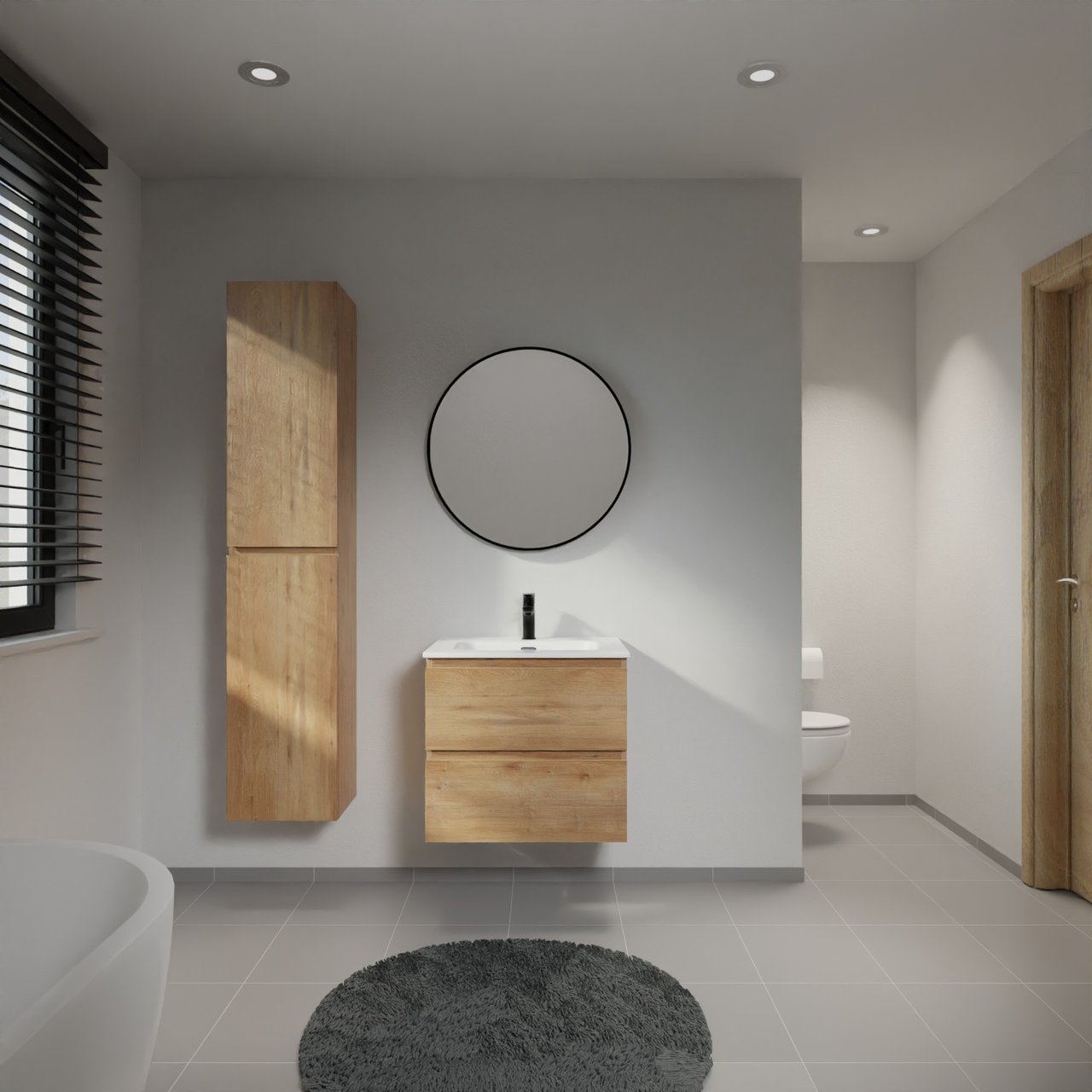 Linie Lado meuble salle de bains suspendu 60 x 46 cm chêne naturel avec Baro plan simple en porcelaine blanc brillant