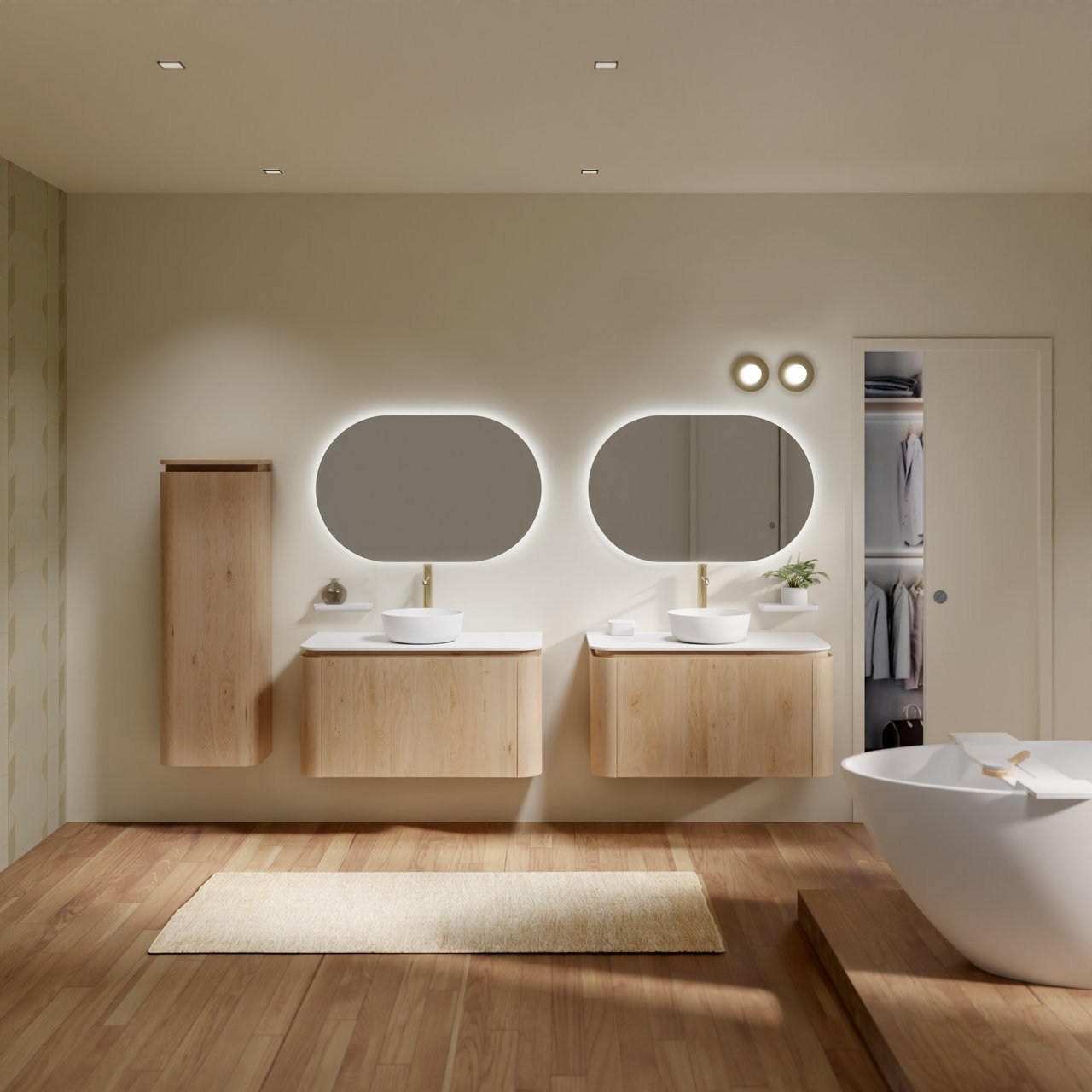 Balmani Moon zwevend badmeubel 100 x 55 cm naturel eiken met Moon enkel wastafelblad in solid surface mat wit