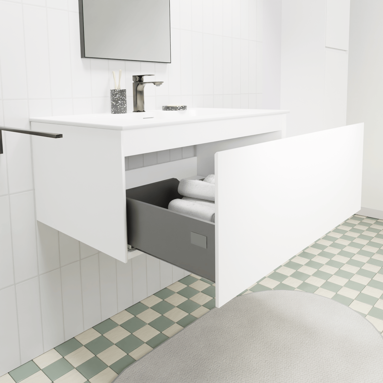 Storke Edge meuble salle de bains suspendu 85 x 52 cm blanc mat avec Mata plan simple en solid surface blanc mat