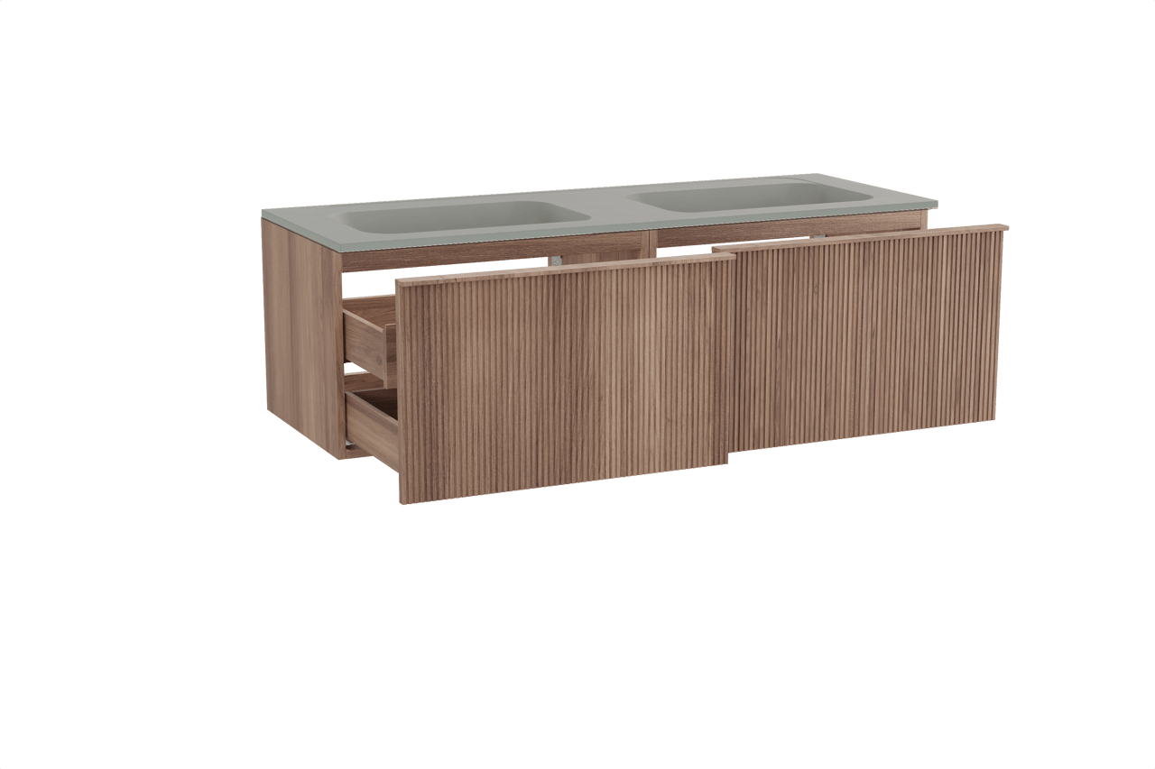 Balmani Forma zwevend badmeubel 150 x 55 cm teakhout met Tablo Strada dubbele wastafel in composietmarmer zijdegrijs, Verticale symmetrische rechte ribbel