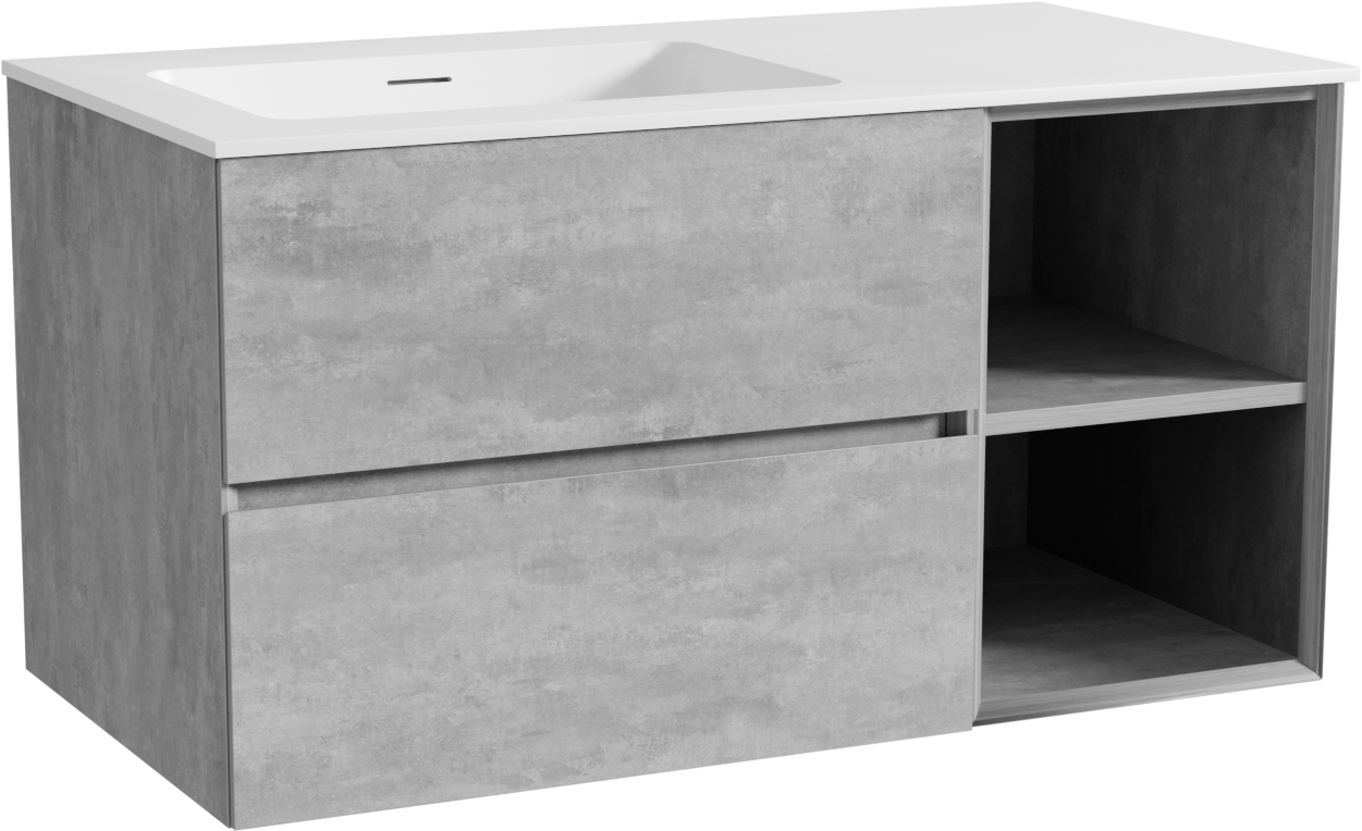 Storke Edge meuble salle de bains suspendu 100 x 52 cm béton gris foncé avec Mata plan vasque asymétrique à gauche en solid surface blanc mat