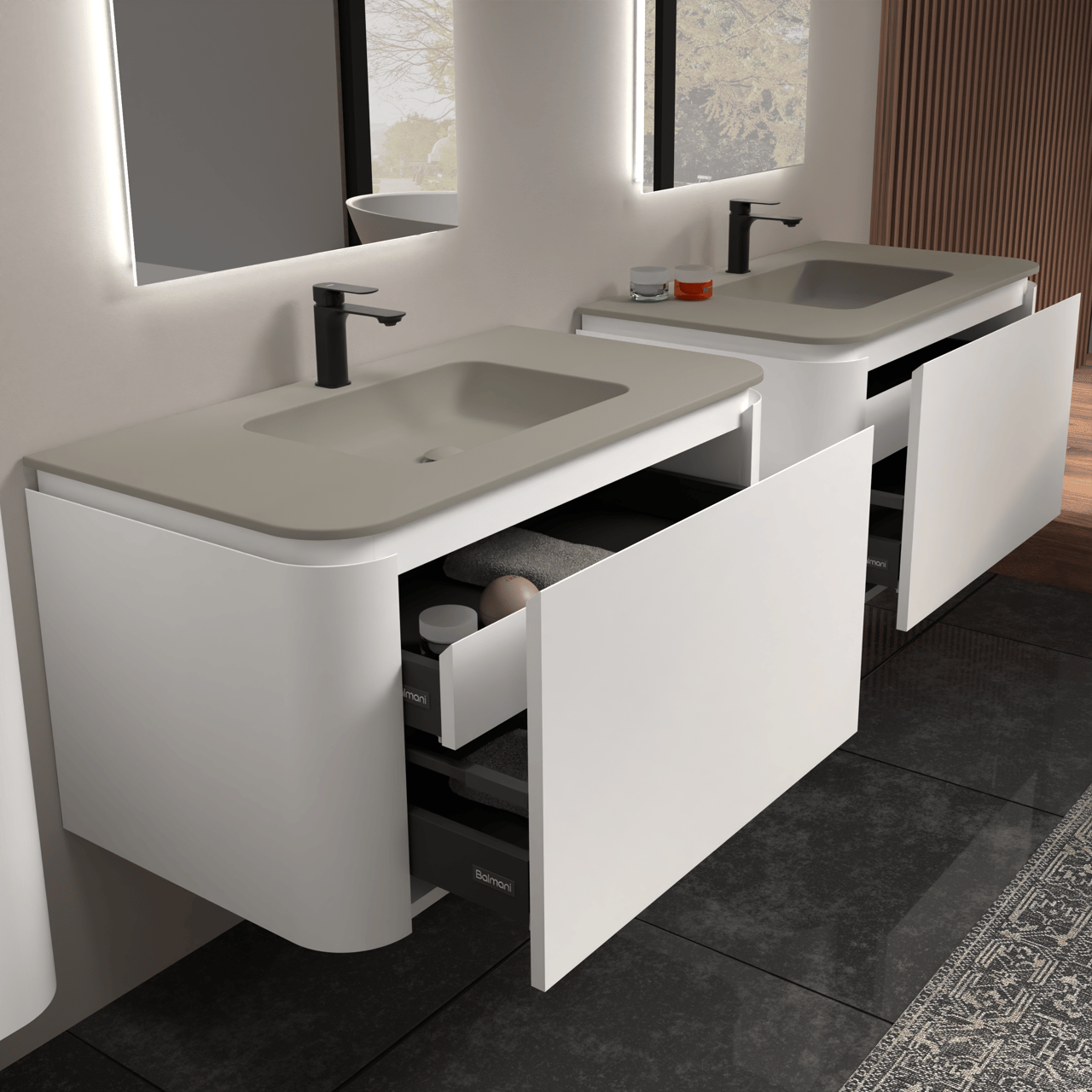 Balmani Moon meuble salle de bains suspendu 100 x 55 cm blanc mat avec Moon plan simple en top solid soie grise