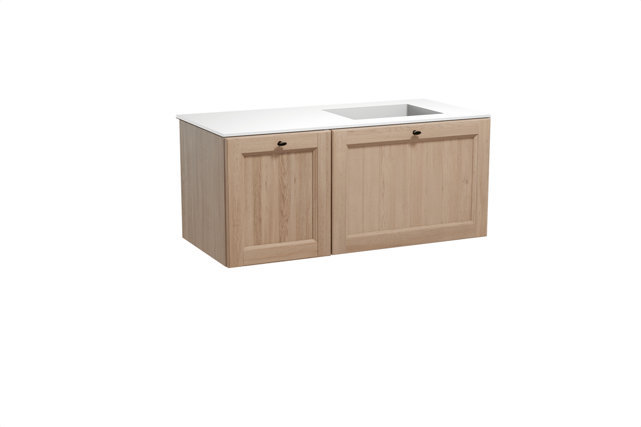 Balmani Lemon hängendes Möbelstück Set: 120 x 55 cm, Verwitterte Eiche, mit Tablo Stretto Waschtisch rechts, Solid Surface Weiß matt