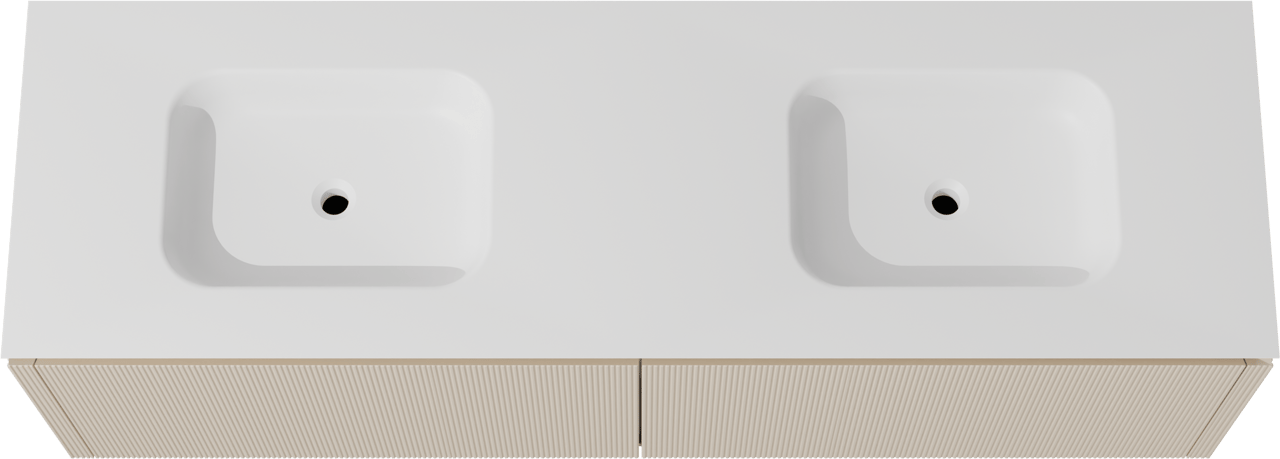 Balmani Eclips hängendes Möbelstück Set: 180 x 55 cm, Sandbeige, mit Eclips Doppelwaschtisch Solid Surface Weiβ matt, Vertikale symmetrische gerade Rippe