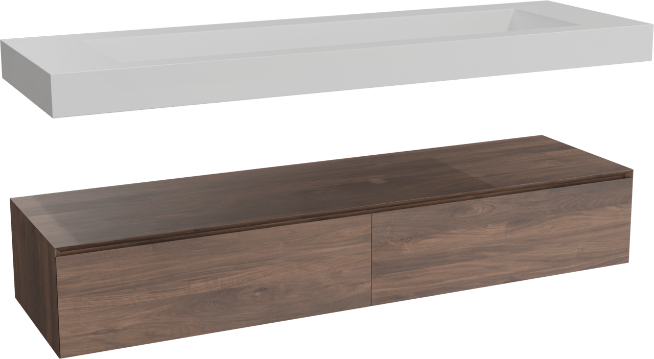 Balmani Mitra Elements zwevend badkamermeubel 180 x 55 cm Amerikaanse notelaar met Modus enkele wastafel voor 2 kraangaten in solid surface mat wit