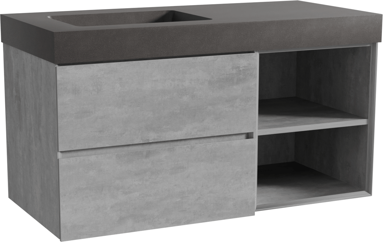 Storke Edge zwevend badkamermeubel 110 x 52 cm beton donkergrijs met Scuro High asymmetrisch linkse wastafel in kwarts mat zwart