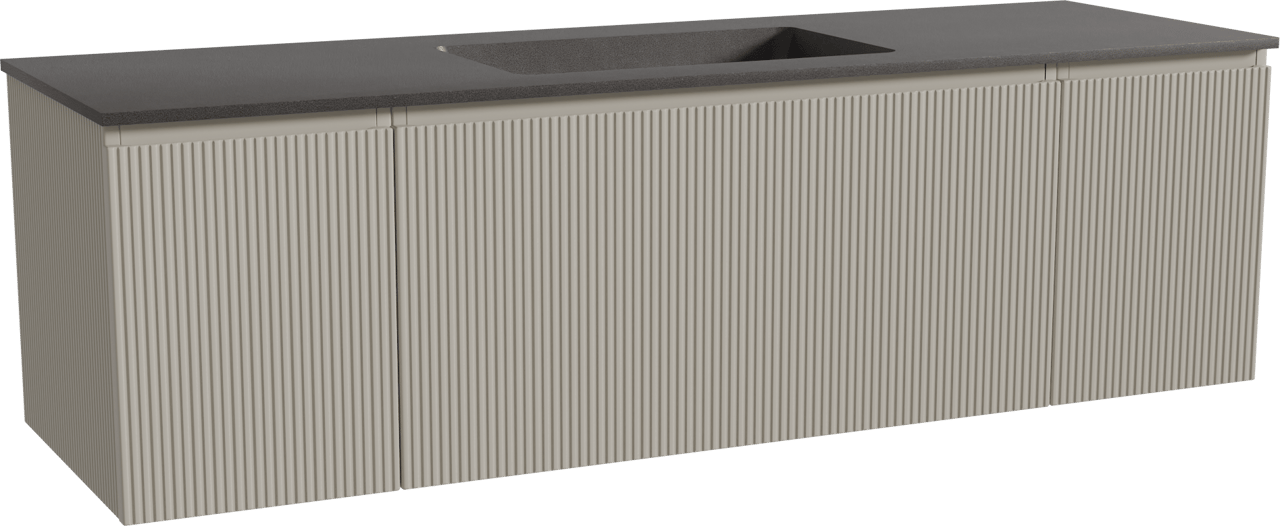 Storke Ribs zwevend badmeubel 165 x 52 cm zijdegrijs met Scuro enkele wastafel in kwarts mat zwart, Verticale symmetrische rechte ribbel