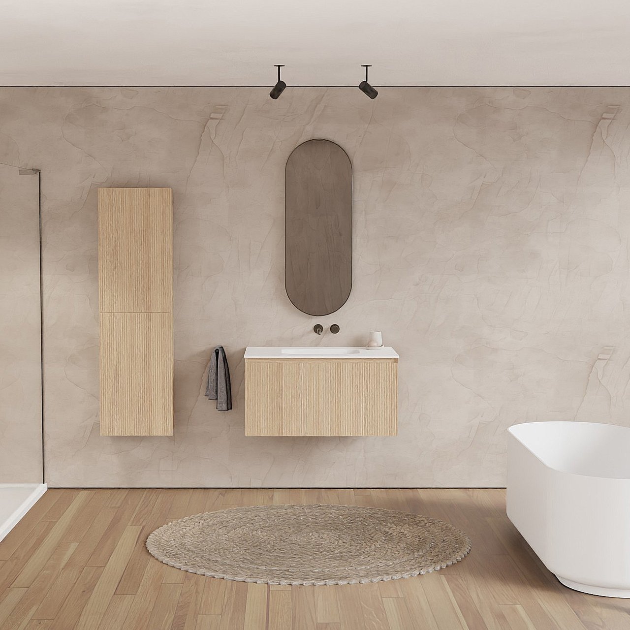 Balmani Fila zwevend badkamermeubel 90 x 55 cm natuur eik met Tablo Arcato enkele wastafel in solid surface mat wit, Verticale symmetrische rechte ribbel