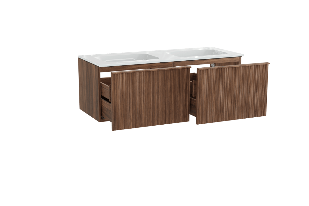 Balmani Forma zwevend badmeubel 135 x 55 cm amerikaans notenhout met Tablo Strada dubbele wastafel in composietmarmer hoogglans wit, Verticale asymmetrische ronde ribbel