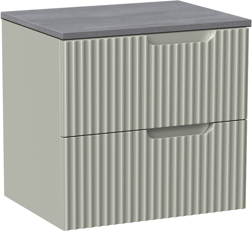 Linie Ribbo zwevend badmeubel 60 x 46 cm greige met Lado enkel wastafelblad in melamine beton donkergrijs, Verticale symmetrische ronde ribbel