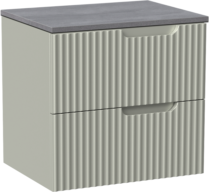 Linie Ribbo zwevend badmeubel 60 x 46 cm greige met Lado enkel wastafelblad in melamine beton donkergrijs, Verticale symmetrische ronde ribbel