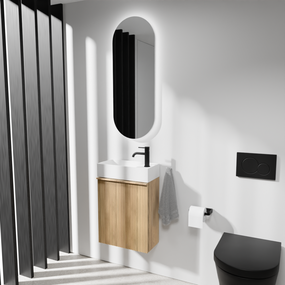 Balmani Forma hängendes WC-Möbel-Set, 42 x 21 cm, Eiche Natur, mit Loop Waschtisch in mattem Solid Surface