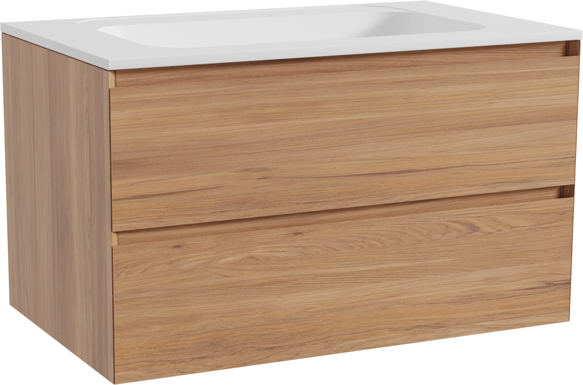 Balmani Mitra meuble salle de bains suspendu 90 x 55 cm teck avec Tablo Strada plan simple en marbre composite blanc mat