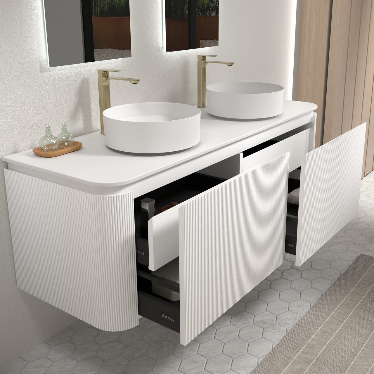 Balmani Moon hängendes Möbelstück Set: 160 x 55 cm, Weiß matt, mit Moon Einzel- oder Doppel Waschtischplatte, Solid Surface, Weiß matt, Vertikale symmetrische gerade Rippe