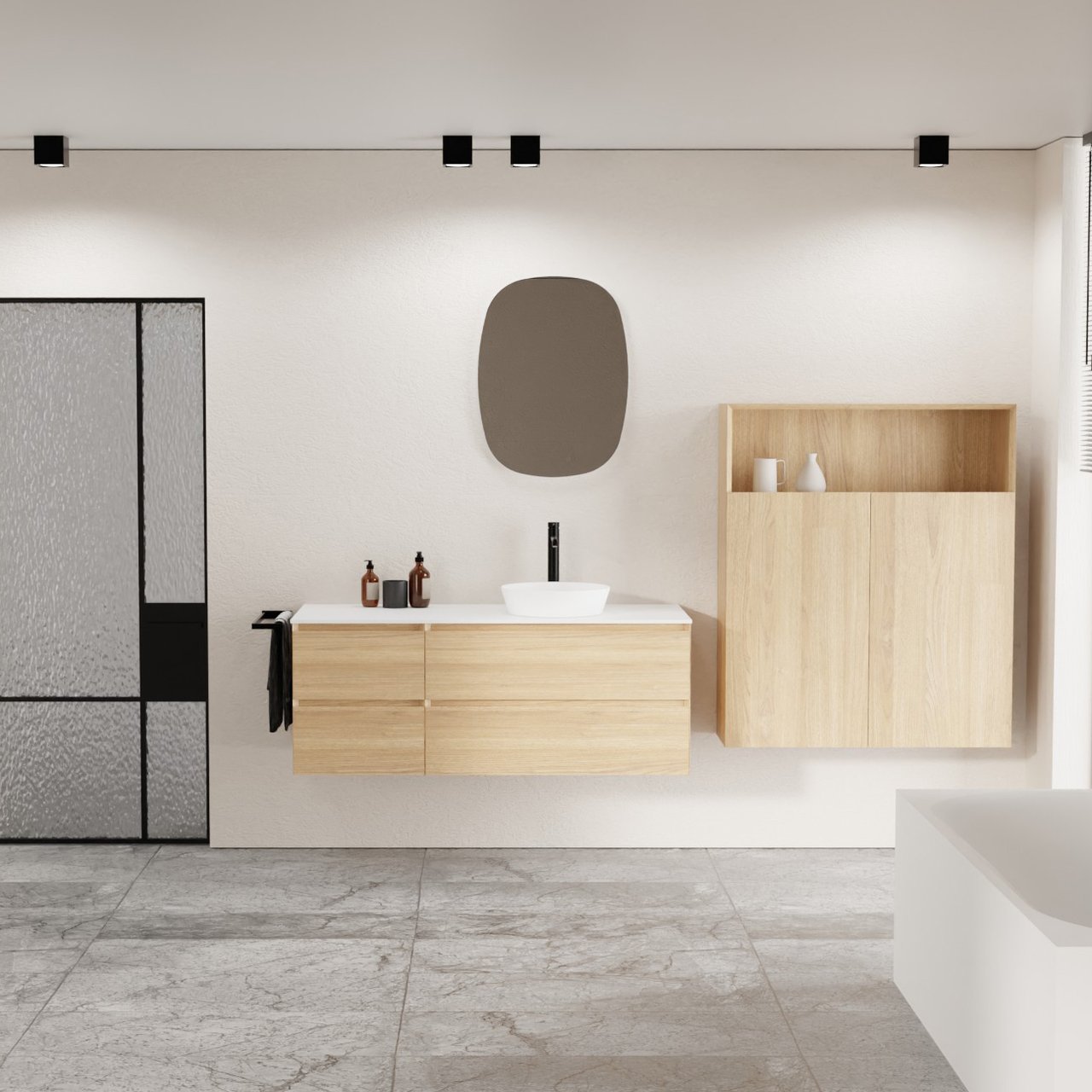 Balmani Mitra zwevend badkamermeubel 135 x 55 cm natuur eik met Stretto enkel of dubbel tablet in solid surface mat wit