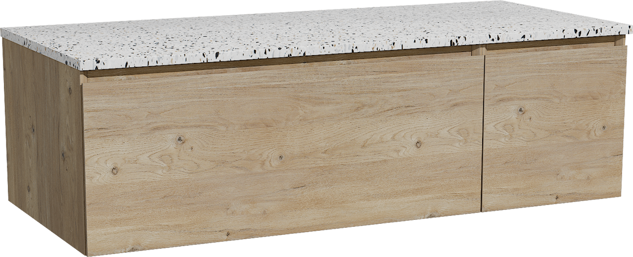 Storke Edge meuble salle de bains suspendu 120 x 52 cm chêne brut avec Tavola tablette simple ou double en blanc/noir mat terrazzo