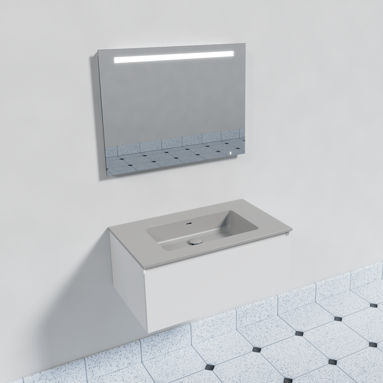 Storke Edge zwevend badkamermeubel 85 x 52 cm mat wit met Diva enkele wastafel in mat zijdegrijze top solid en Lucio badkamerspiegel
