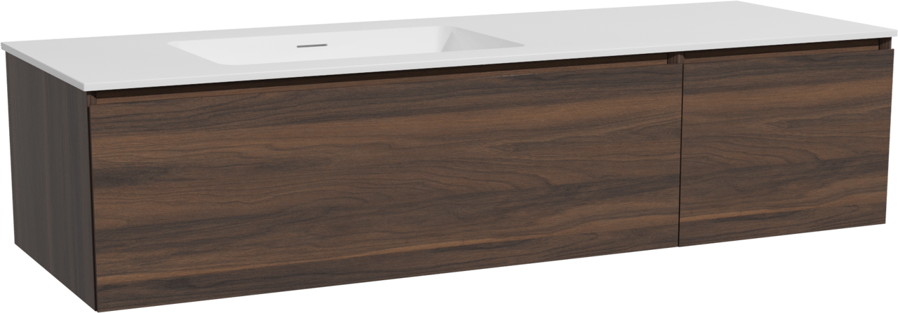 Storke Edge hängendes Möbelstück Set: 150 x 52 cm, Nussbaum, mit Mata Waschtisch links, Solid Surface Weiß matt