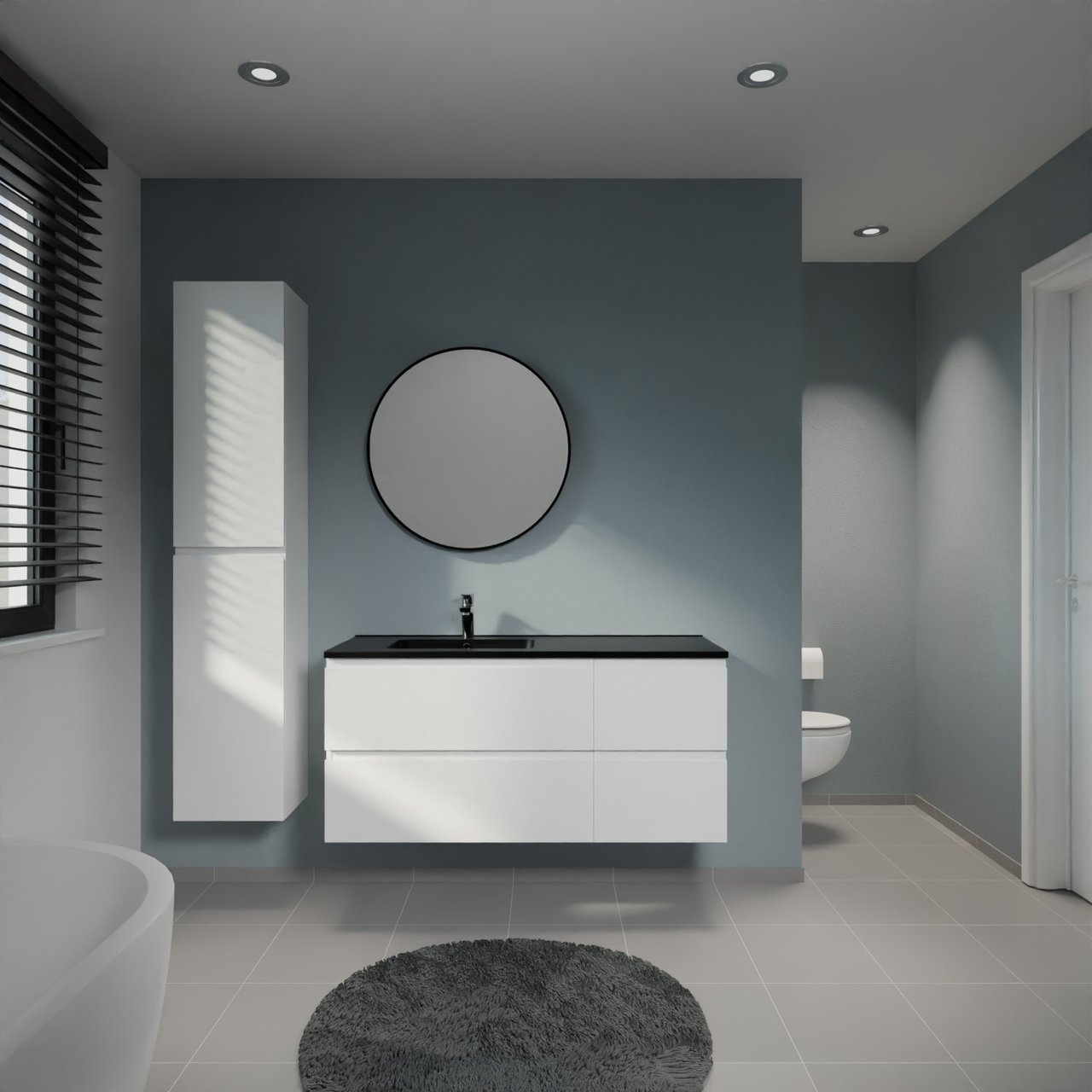 Linie Lado hängendes Möbelstück Set: 120 x 46 cm, Weiß glänzend, mit Vano Waschtisch links, Marmorkomposit Schwarz matt