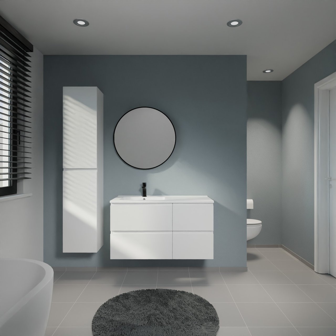 Linie Lado meuble salle de bains suspendu 100 x 46 cm blanc mat avec Vano plan vasque asymétrique à gauche en marbre composite blanc mat