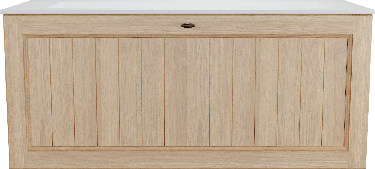 Balmani Lemon zwevend badmeubel 120 x 55 cm, fineer naturel eiken met Tablo Stretto enkele wastafel voor 2 kraangaten in mat wit