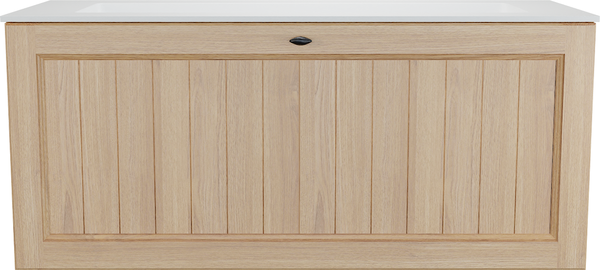 Balmani Lemon zwevend badkamermeubel 120 x 55 cm, fineer natuur eik met Tablo Stretto enkele wastafel voor 2 kraangaten in mat wit