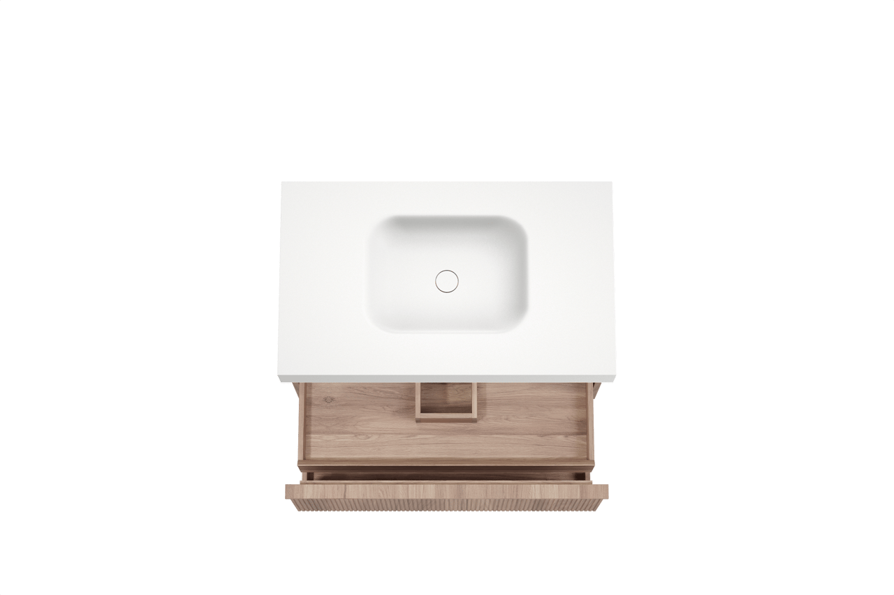 Balmani Forma hängendes Möbelstück Set: 90 x 55 cm, Teak, mit Arcato Einzelwaschtisch, Solid Surface, Weiß matt, Vertikale symmetrische gerade Rippe