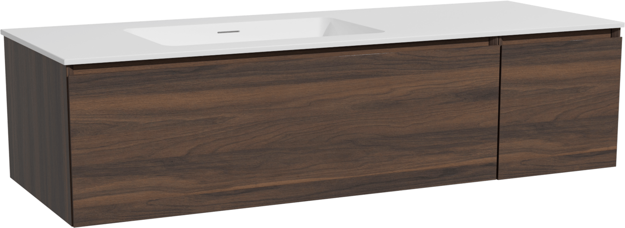 Storke Edge hängendes Möbelstück Set: 140 x 52 cm, Nussbaum, mit Mata Waschtisch links, Solid Surface Weiß matt