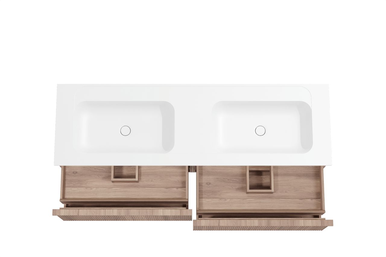 Balmani Forma zwevend badkamermeubel 180 x 55 cm teak met Tablo Strada dubbele wastafel in composietmarmer mat wit, Verticale symmetrische rechte ribbel