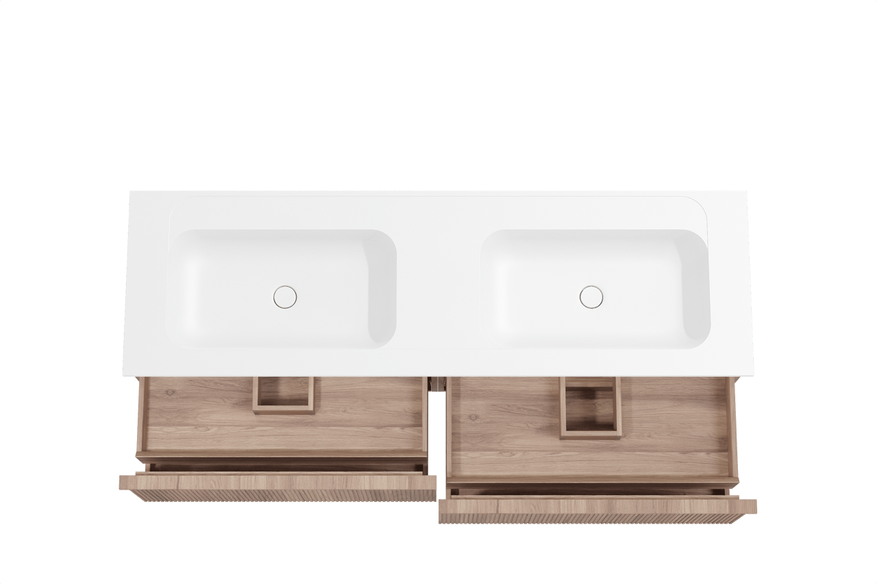 Balmani Forma meuble salle de bains suspendu 180 x 55 cm teck avec Tablo Strada double vasque en marbre composite blanc mat, Nervure droite symétrique verticale