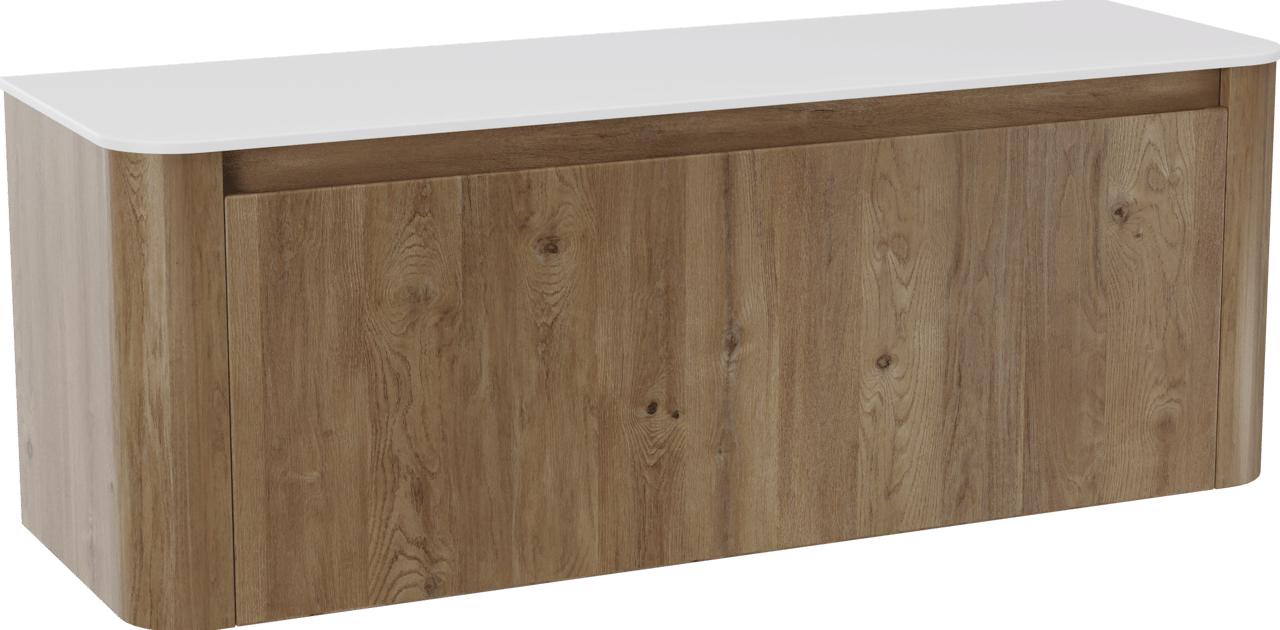 Storke Soft meuble salle de bains suspendu 140 x 46 cm chêne brut avec Tavola Soft tablette simple ou double vasque en Solid Surface blanc mat