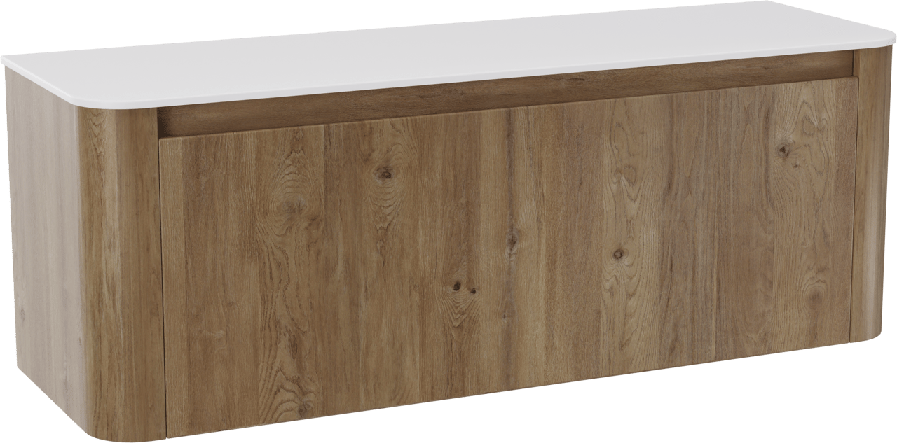 Storke Soft zwevend badkamermeubel 140 x 46 cm ruwe eik met Tavola Soft enkele of dubbele tablet in solid surface mat wit