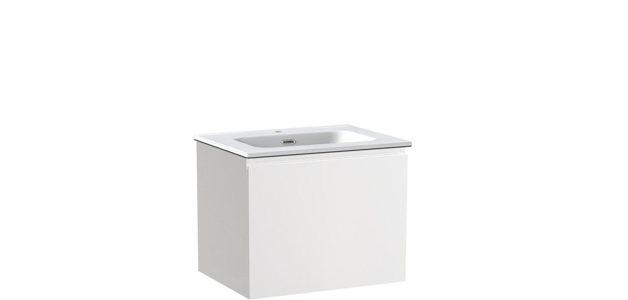 Linie Lado hängendes Möbelstück Set: 60 x 46 cm, Weiß glänzend, mit Baro Einzelwaschtisch, Porzellan Weiß matt