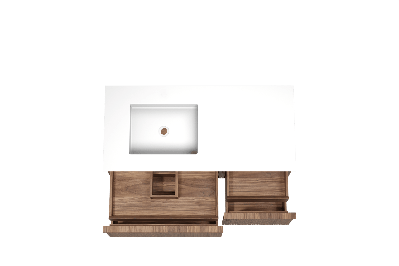 Balmani Forma hängendes Möbelstück Set: 120 x 55 cm, Amerikanischer Nussbaum, mit Tablo Stretto Waschtisch links, Solid Surface, Weiß matt, Vertikale asymmetrische Runde Rippe