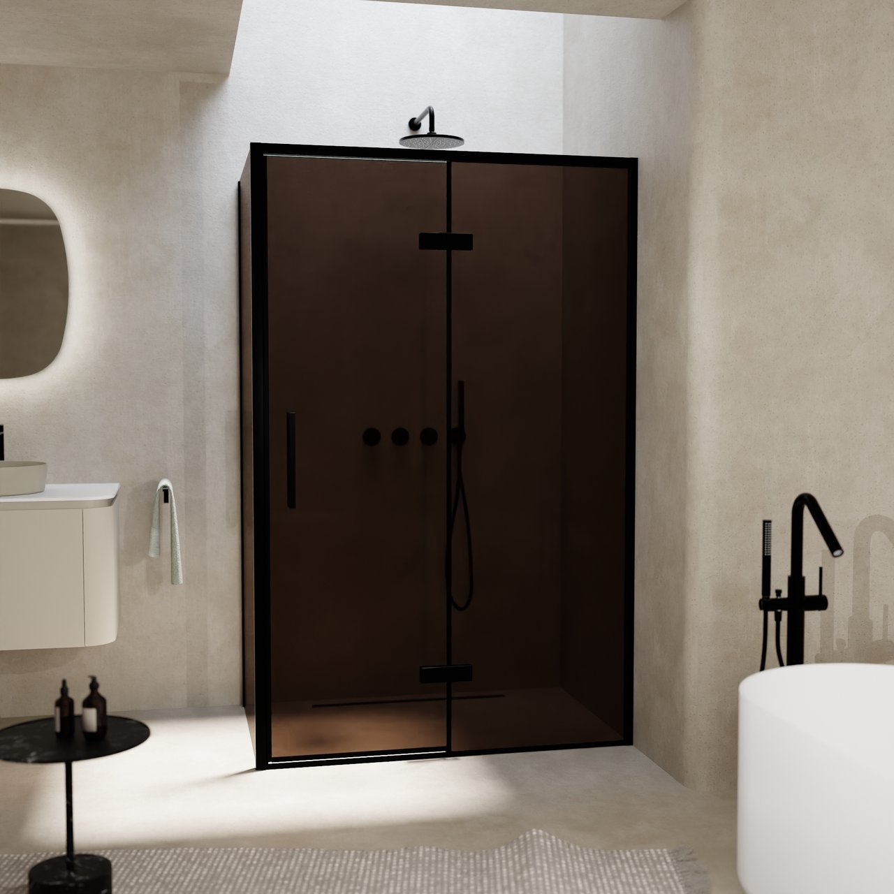 Balmani Senses Design douche d'angle avec porte pivotante à droite et paroi latérale fixe, 120 x 80 cm, Bronze, Profil noir