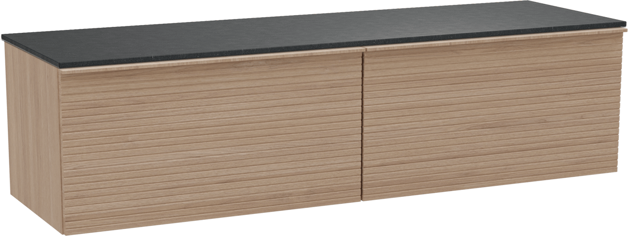 Balmani Forma zwevend badmeubel 180 x 55 cm naturel eiken met Stretto enkel of dubbel wastafelblad in zwart graniet, Horizontale symmetrische rechte ribbel