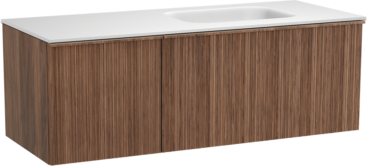 Balmani Forma zwevend badmeubel 135 x 55 cm amerikaans notenhout met Tablo Arcato asymmetrisch rechtse wastafel in solid surface mat wit, Verticale asymmetrische ronde ribbel