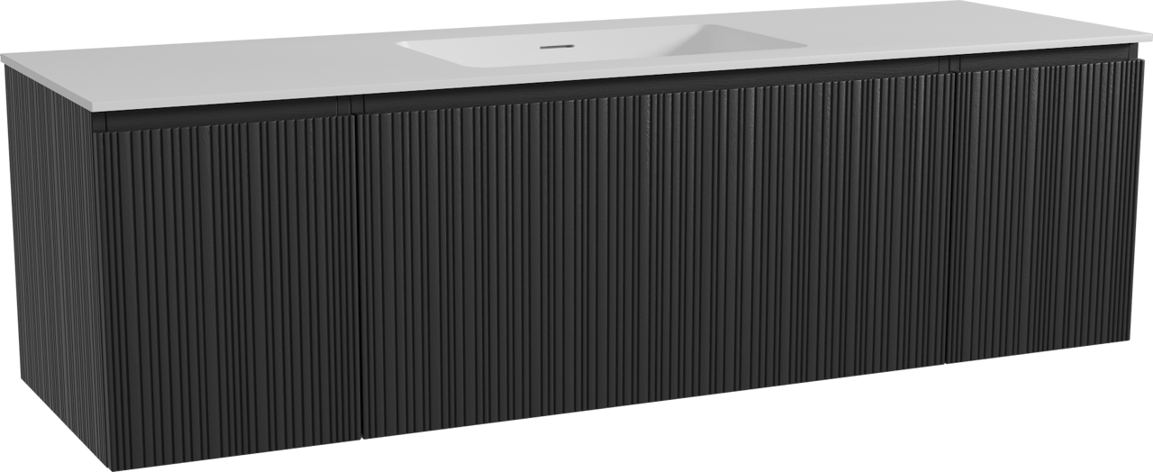 Storke Ribs hängendes Möbelstück Set: 165 x 52 cm, Schwarze Eiche, mit Mata Einzelwaschtisch, Solid Surface, Weiß matt, Vertikale asymmetrische gerade Rippe