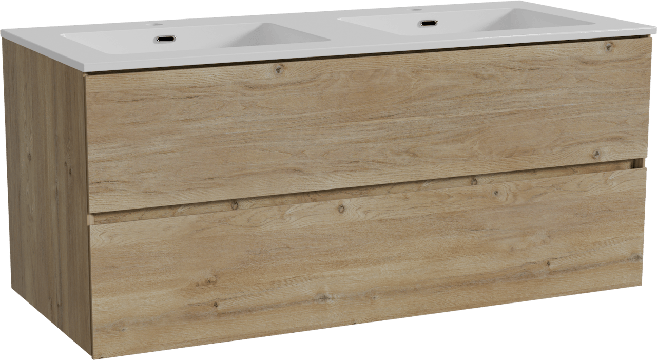 Storke Edge zwevend badmeubel 120 x 52 cm ruw eiken met Diva dubbele wastafel in composietmarmer hoogglans wit