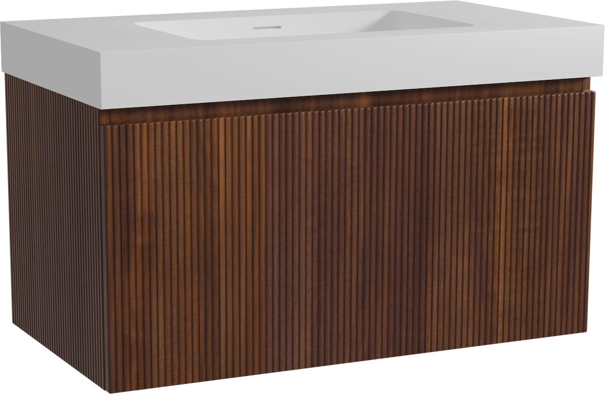 Storke Ribs zwevend badmeubel 95 x 52 cm notenhout met Mata High enkele wastafel in solid surface mat wit, Verticale symmetrische rechte ribbel