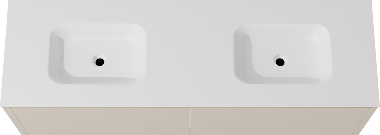 Balmani Eclips hängendes Möbelstück Set: 180 x 55 cm, Sandbeige, mit Tablo Arcato Doppelwaschtisch Solid Surface Weiβ matt