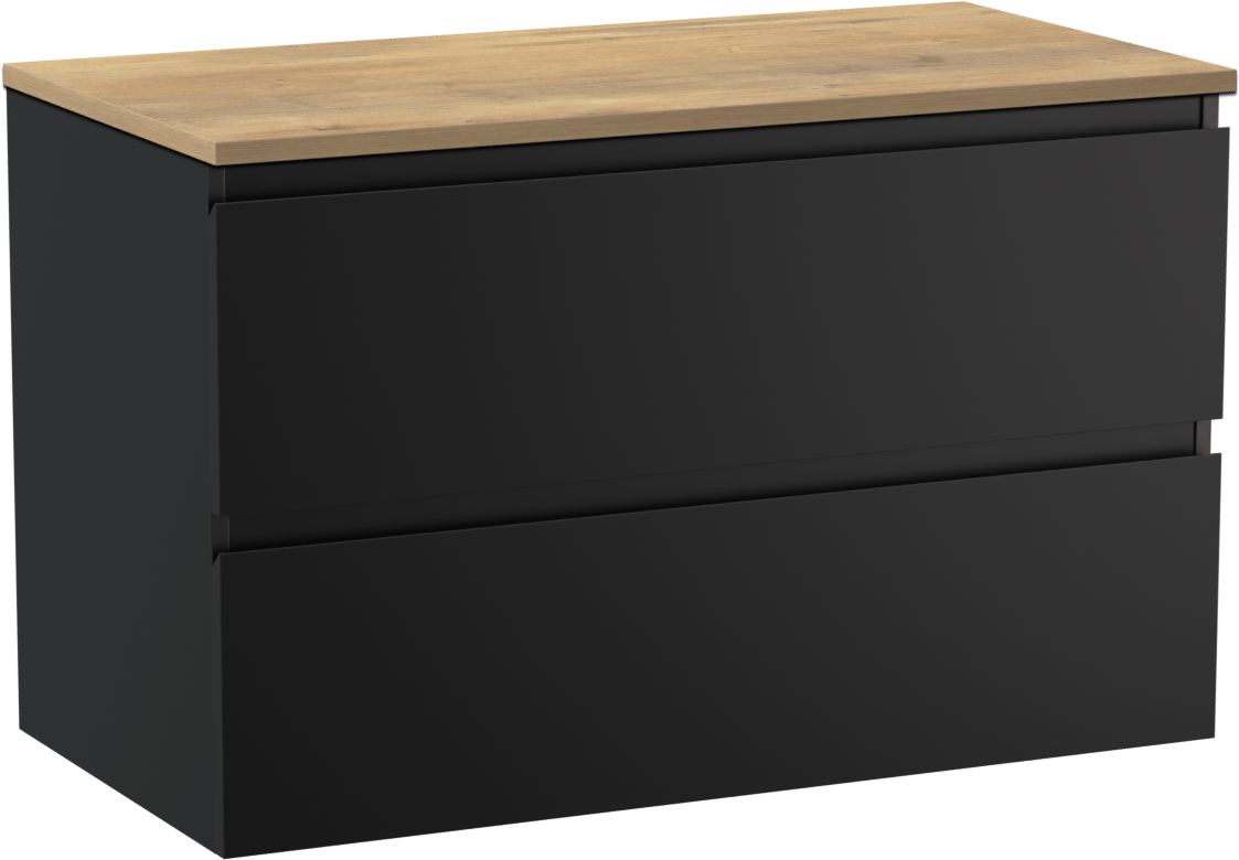 Linie Lado hängendes Möbelstück Set: 90 x 46 cm, Schwarz matt, mit Lado Einzel Waschtischplatte, Melamin Naturbelassene Eiche