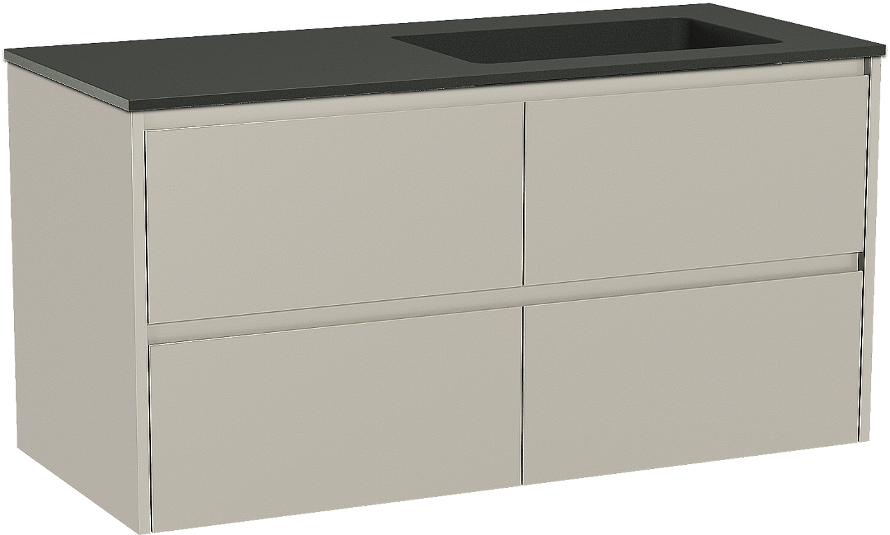 Storke Seda zwevend badkamermeubel 120 x 52 cm zijdegrijs met Scuro asymmetrisch rechtse wastafel in kwarts mat zwart