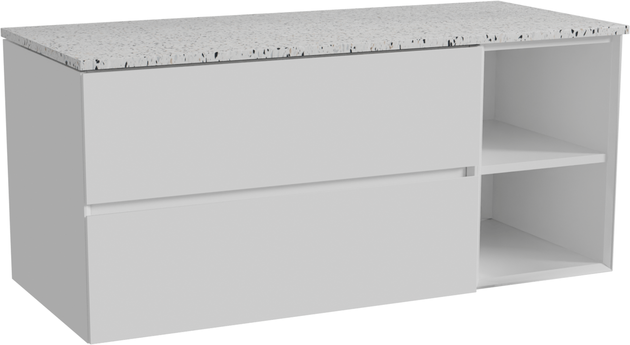 Storke Edge zwevend badmeubel 120 x 52 cm hoogglans wit met Tavola enkel of dubbel wastafelblad in mat wit/zwart terrazzo