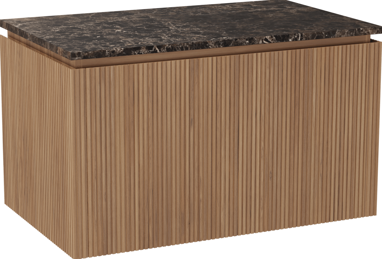 Balmani Eclips meuble salle de bains suspendu 90 x 55 cm Teck avec Stretto tablette simple en Dark Emperador marbre, Nervure droite symétrique verticale