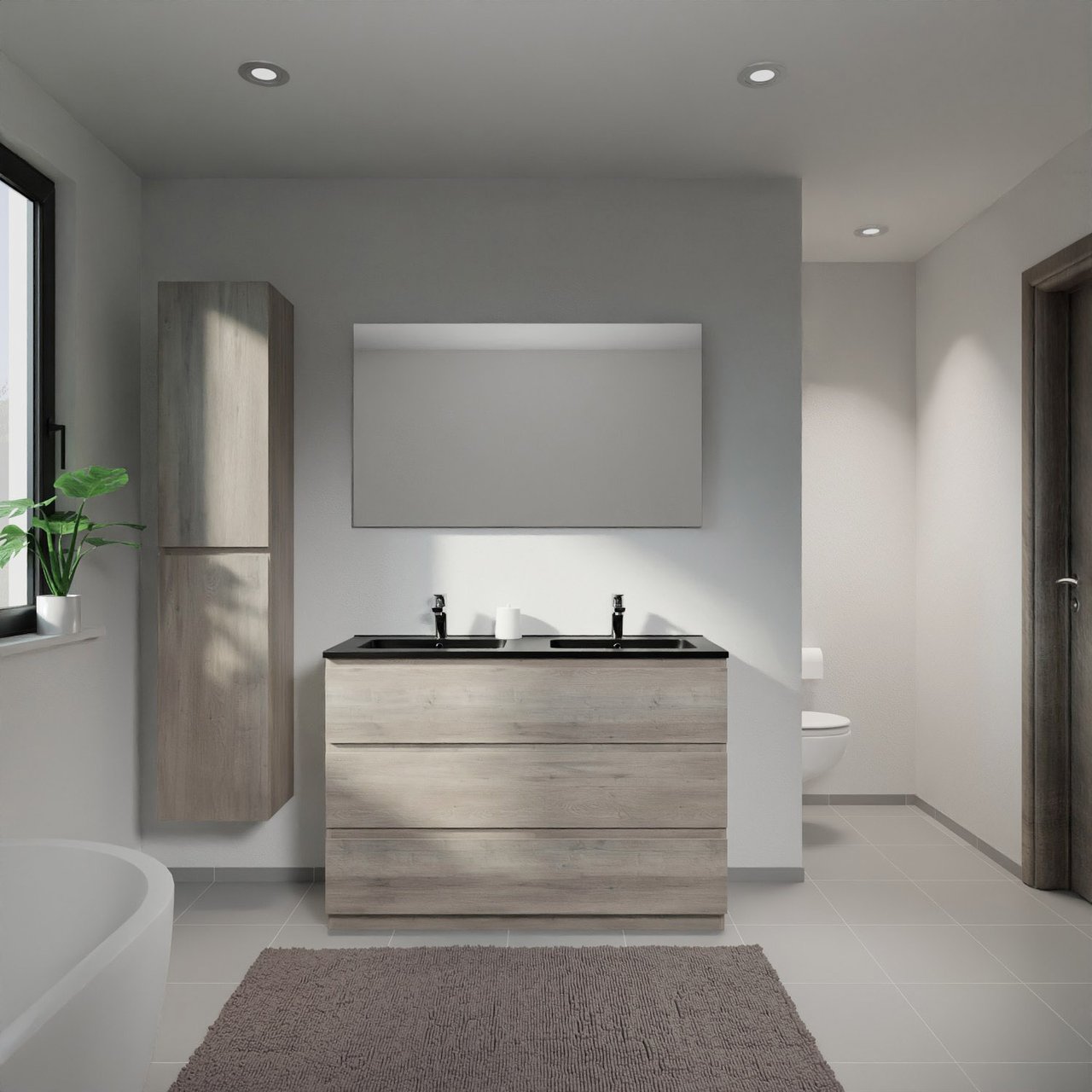 Linie Lado meuble salle de bains à poser 120 x 46 cm chêne gris avec Vano double vasque en marbre composite noir mat